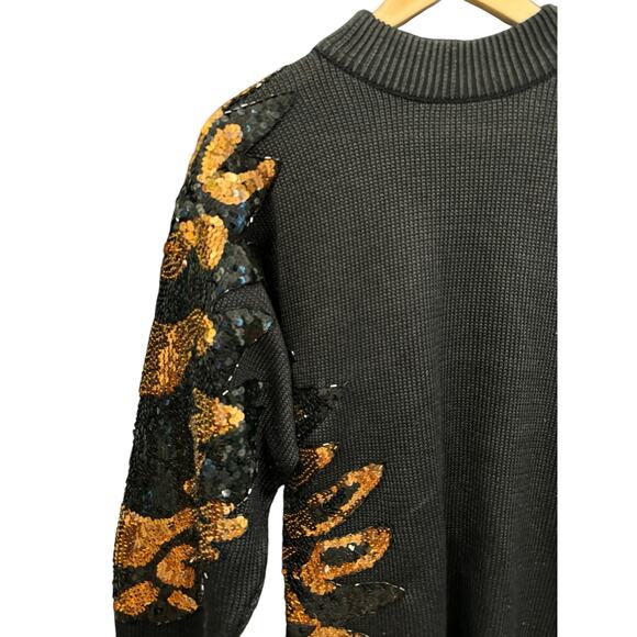 Vintage Black Wool Blend Sequin Sweater Medium Glam Animal Leaf Party Pullover - Picture 6 of 12